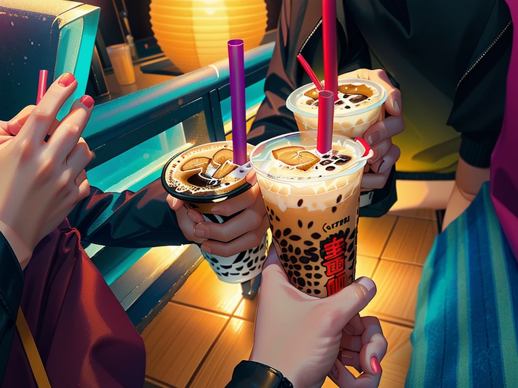 Someone holding a cup of coffee and a mobile phone, drinking boba tea, drink, Colored milk tea, drink milkshakes together, drinks, tea drinking and paper lanterns, straw, cold drinks, holding a drink, Night shooting的照片, at night, Hot ,, 3delight, byNiko Henrichon, with a straw, Night shooting