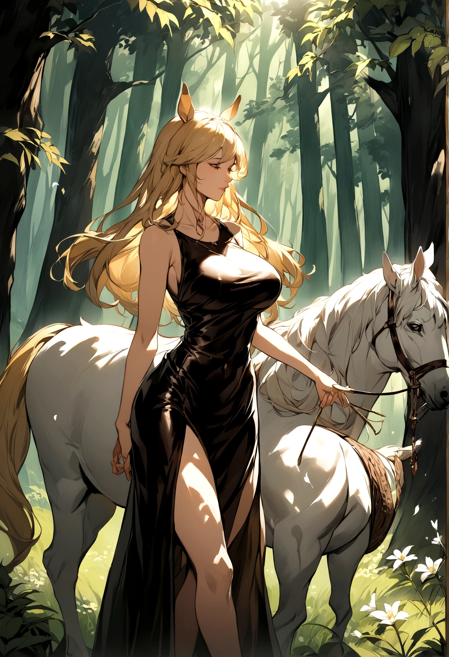 In a peaceful forest clearing, a mature, kind-hearted Centaur Druid with flowing blonde hair gracefully roams, her lower body resembling that of a majestic Shire horse. Bathed in gentle sunlight, her large breasts sway as she tends to delicate flowers, emanating an aura of tranquility and natural harmony, she is wearing a leather tunic, her top half is human, fantasy art
