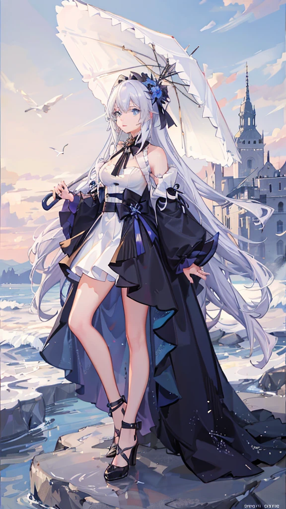 Masterpiece, highres, 1 girl, best light, high detailed. A young beautiful girl with white hair, white skin, blue eyes. She has long hair, her hair blows in the wind. She looks at viewer and holds a black umbrella. A breathtaking landscape, with vibrant colors illuminating the sky. The sun is at high nôn , casting golden rays across the landscape. The sky is a gradient of warm colors The entire scene is serene and majestic, capturing the beauty of the girl.