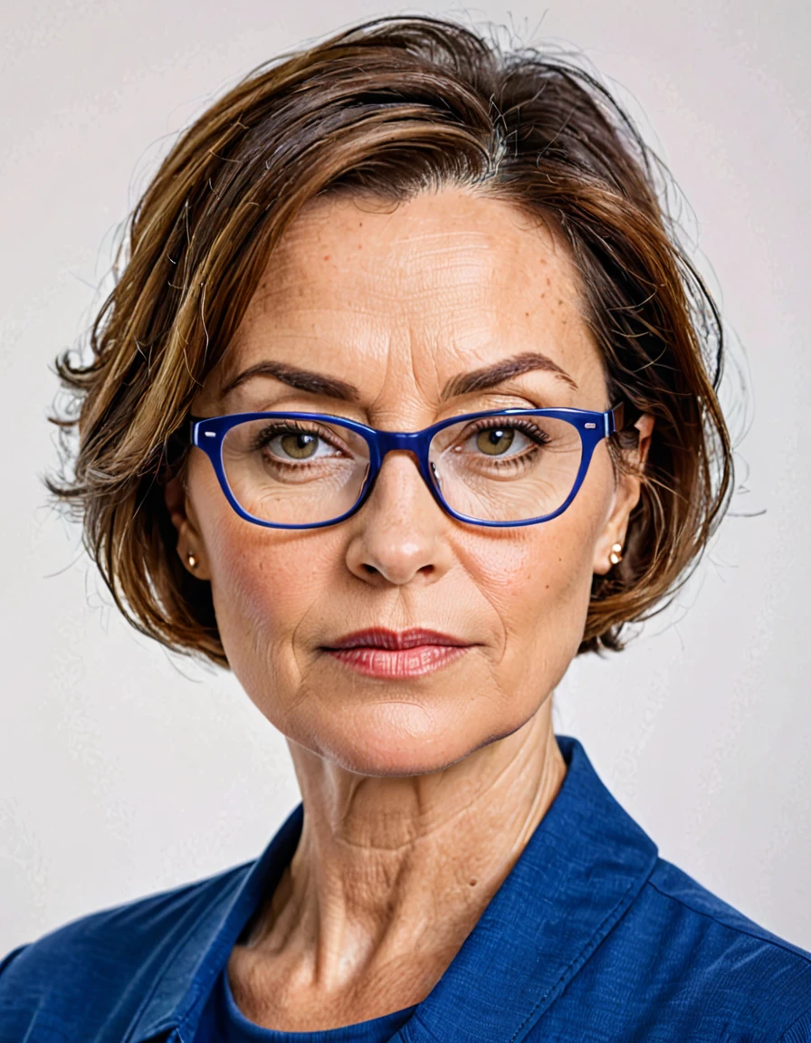 pure white background, white id photo, closeup, photo of 45 y.o woman in blue clothes, serious face, glasses, vey short hair, lations:1.2