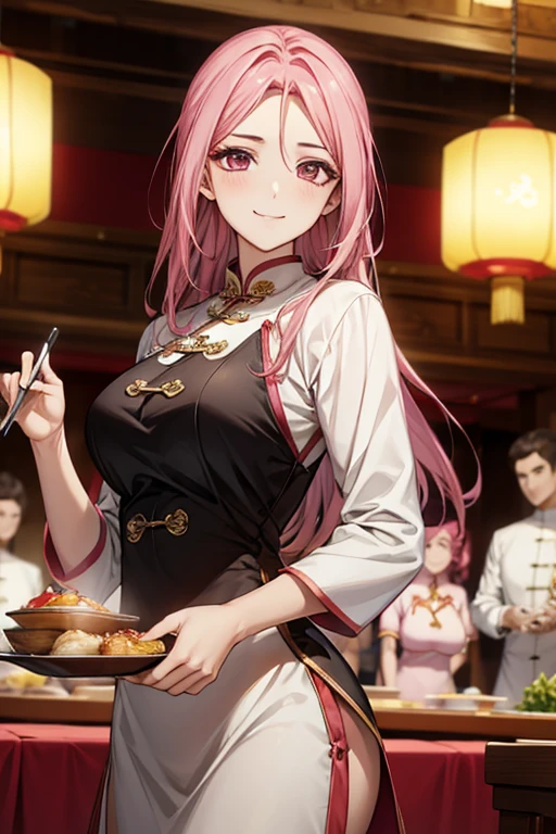 Highest quality,Masterpiece,8K,Ao Dai,,Big Breasts,Best Style,Droopy eyes,smile,Pink Hair,,Chinese restaurant,waiter,