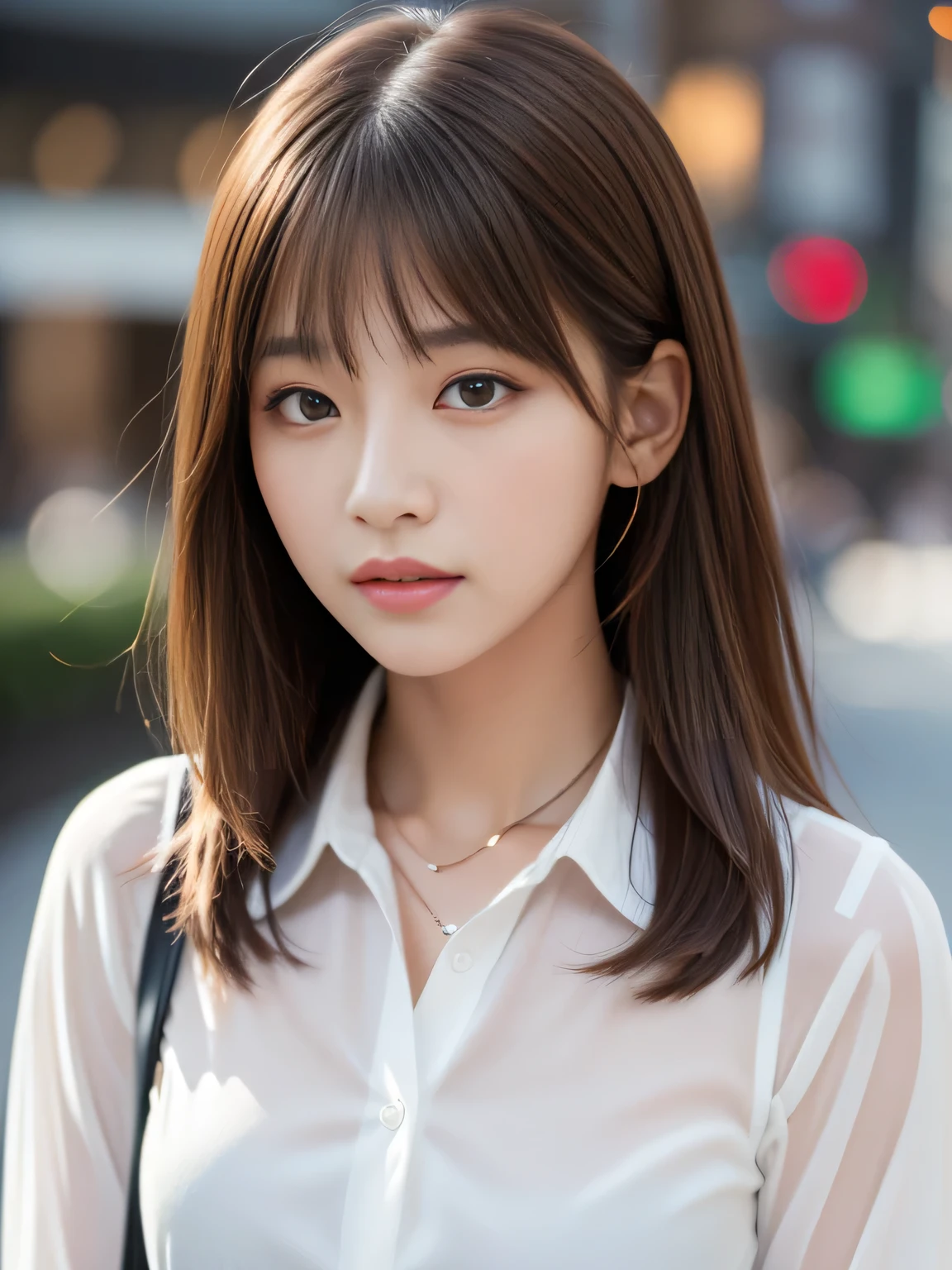 Ultra High Definition, Superior Quality, Premier Quality, ultra detailed, Photorealistic, 8k, RAW Photos, highest quality, masterpiece, Attractive girl, Stunning girl, Brown Hair, Shoulder Length Layered, asymmetrical bangs, K-pop Idol, Sophisticated girl, white shirt with collar, Shibuya,