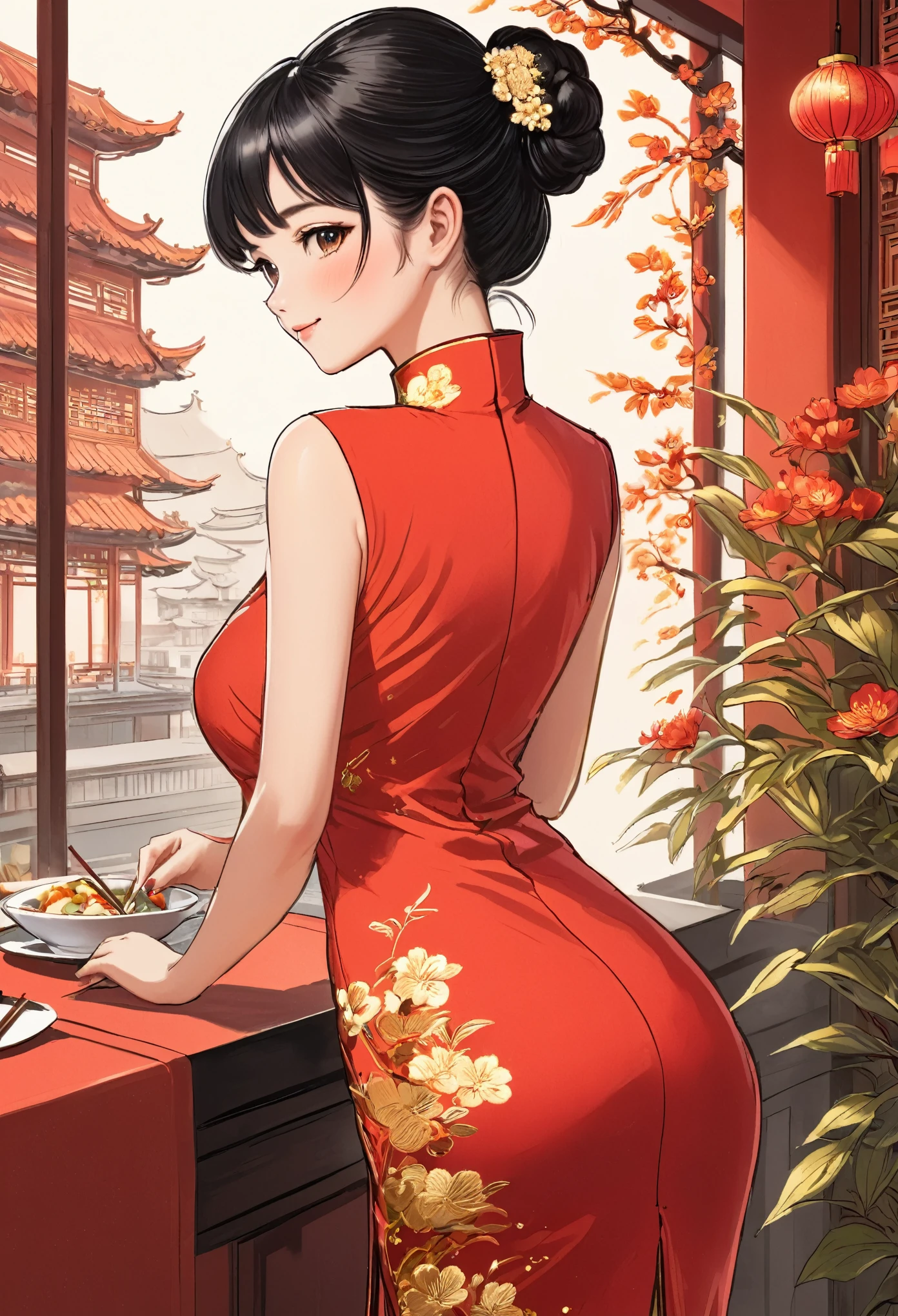 A beautiful woman, city,(Red cheongsam), (flower chignon), (gold embroidery thread), outdoor chinese restaurant, light smile, ((black hair)), little blush, side, (breast), line art, Scan Painting Art, Color pencil drawing, hand drawing art, ((draft drawing style))