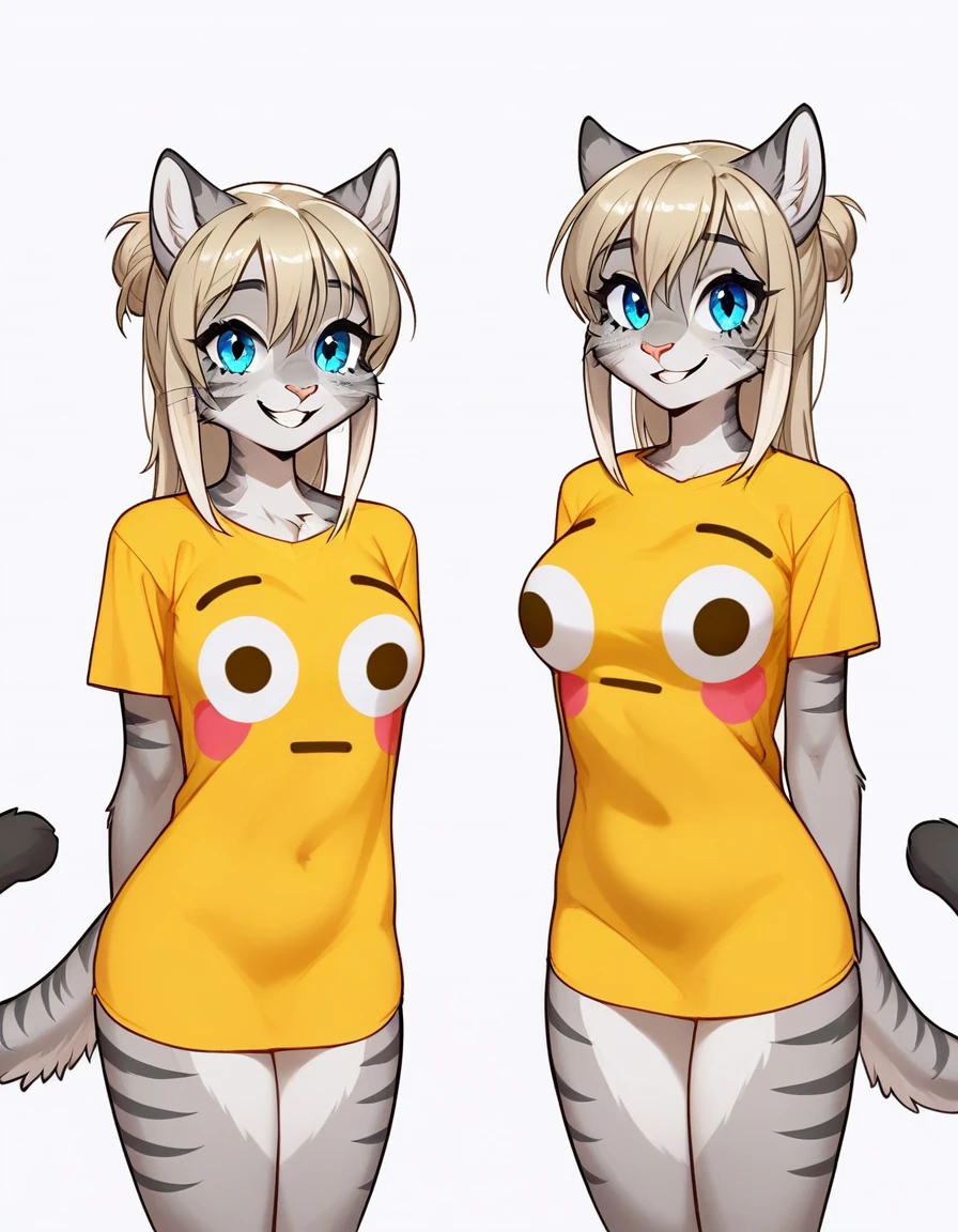 Solo, score_9,score_8_up,score_7_up, source_furry, (Kat, Anthro furry feline girl, adult female, blue eyes, blonde hair, (hair in a pony tail):1.3, silver fur, grey stripes, tail), BREAK,  flushed_emoji_shirt, 1girl, multiple views, thighs, t-shirt, ((medium breasts)),  simple background, grin, 