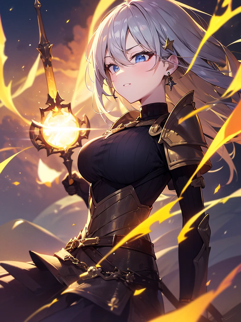1girl, solo, armor, earrings, jewelry, shoulder armor, sky, looking at viewer, gloves, black gloves, fire, star (sky), bangs, starry sky, closed mouth, short hair, yellow eyes, breastplate, pauldrons, outdoors, faulds, hand up, grey hair, magic, blush, standing, gauntlets, slit pupils, vambraces, long sleeves, dress, white hair, turtleneck, armored dress, cloud, breasts, cowboy shot, night sky, medium hair, night, white dress, puffy sleeves, from below, sweater, long hair, orange eyes, black sweater, expressionless, swept bangs, shirt, medium breasts, white background, black shirt, fantasy, dutch angle, arm at side, sidelocks, knight, glowing, cloudy sky, blue sky, skirt, gradient sky, simple background, looking down, weapon, long dress, black dress, upper body, black hair, turtleneck sweater, blonde hair, brown eyes, ribbed sweater, long skirt, juliet sleeves, shiny, large breasts, smile, hair between eyes, sunset, 1boy, tabard, shiny hair, flame, gem, energy ball, plate armor, stud earrings, floating, single earring, bracer, blue eyes, clenched hand, galaxy, star (symbol), sun, light particles, brown hair, white skirt, very long hair, black armor, cross, closed eyes, waist cape, parted lips, cross earrings, backlighting, floating hair, dangle earrings, blurry, white shirt, signature, milky way, sword, hair ornament, male focus, space, energy, holding, pyrokinesis, purple sky, frown, twilight