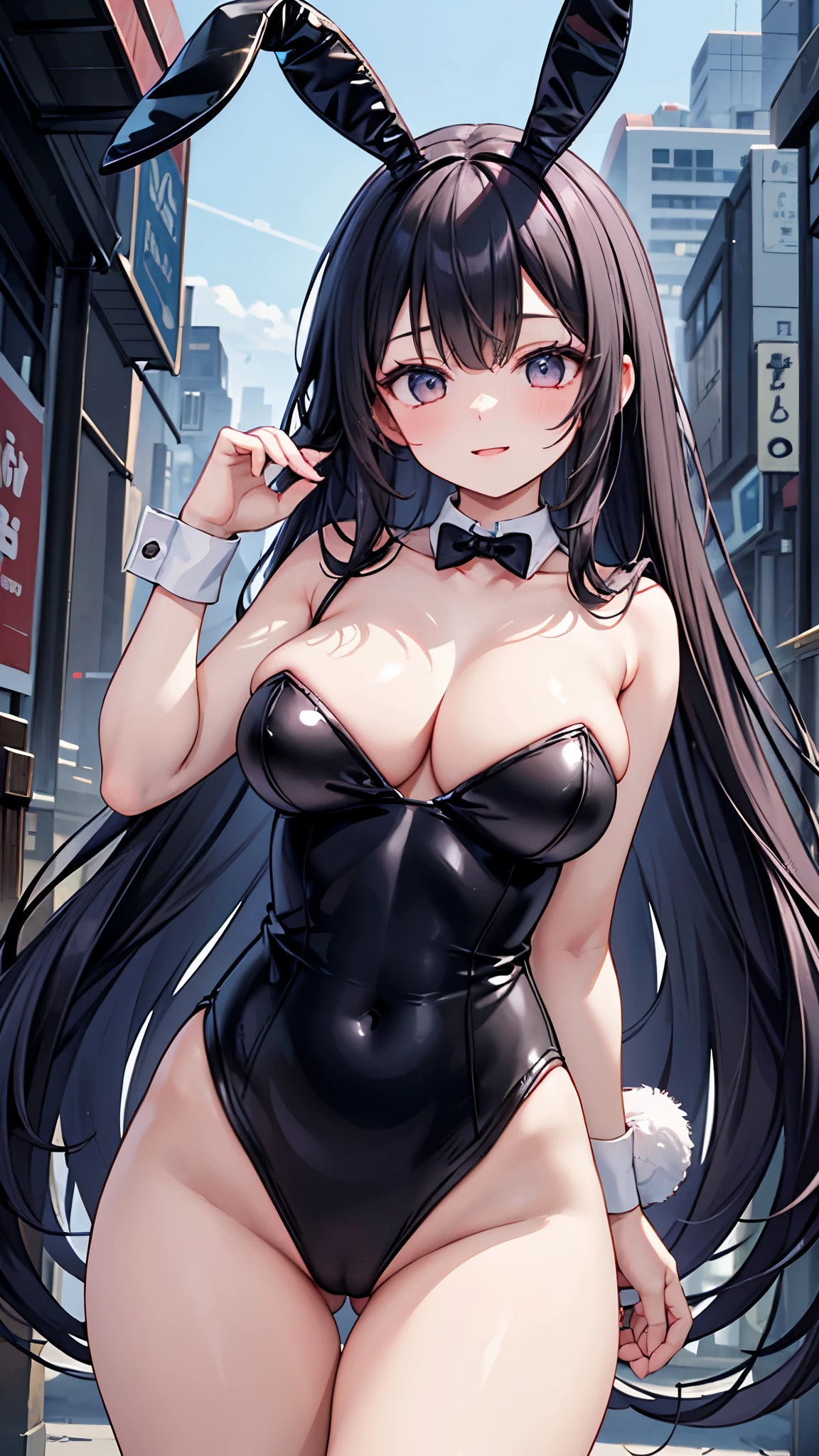 One woman, (masterpiece:1.2),Adult women、 Perfect Face, Super detailed,Detailed face, 8k wallpaper,(Toned body:1.2), Absurd resolution,Sexy Woman, One girl, Iris, Black Hair, Large Breasts, Long Hair, smile,(reverse bunny:1.5), City of night, Sexy body