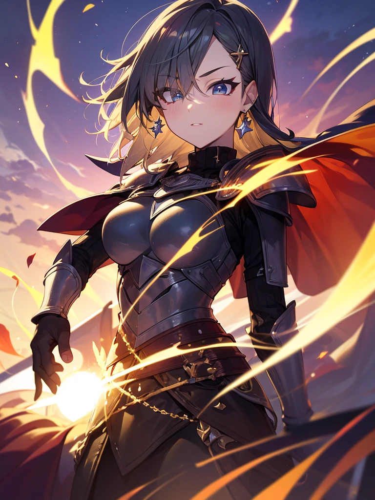 1girl, solo, armor, earrings, jewelry, shoulder armor, sky, looking at viewer, gloves, black gloves, fire, star (sky), bangs, starry sky, closed mouth, short hair, yellow eyes, breastplate, pauldrons, outdoors, faulds, hand up, grey hair, magic, blush, standing, gauntlets, slit pupils, vambraces, long sleeves, dress, white hair, turtleneck, armored dress, cloud, breasts, cowboy shot, night sky, medium hair, night, white dress, puffy sleeves, from below, sweater, long hair, orange eyes, black sweater, expressionless, swept bangs, shirt, medium breasts, white background, black shirt, fantasy, dutch angle, arm at side, sidelocks, knight, glowing, cloudy sky, blue sky, skirt, gradient sky, simple background, looking down, weapon, long dress, black dress, upper body, black hair, turtleneck sweater, blonde hair, brown eyes, ribbed sweater, long skirt, juliet sleeves, shiny, large breasts, smile, hair between eyes, sunset, 1boy, tabard, shiny hair, flame, gem, energy ball, plate armor, stud earrings, floating, single earring, bracer, blue eyes, clenched hand, galaxy, star (symbol), sun, light particles, brown hair, white skirt, very long hair, black armor, cross, closed eyes, waist cape, parted lips, cross earrings, backlighting, floating hair, dangle earrings, blurry, white shirt, signature, milky way, sword, hair ornament, male focus, space, energy, holding, pyrokinesis, purple sky, frown, twilight
