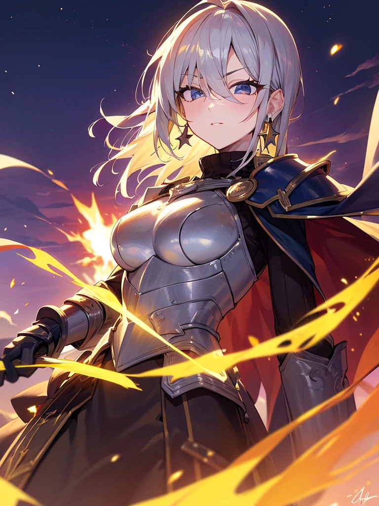1girl, solo, armor, earrings, jewelry, shoulder armor, sky, looking at viewer, gloves, black gloves, fire, star (sky), bangs, starry sky, closed mouth, short hair, yellow eyes, breastplate, pauldrons, outdoors, faulds, hand up, grey hair, magic, blush, standing, gauntlets, slit pupils, vambraces, long sleeves, dress, white hair, turtleneck, armored dress, cloud, breasts, cowboy shot, night sky, medium hair, night, white dress, puffy sleeves, from below, sweater, long hair, orange eyes, black sweater, expressionless, swept bangs, shirt, medium breasts, white background, black shirt, fantasy, dutch angle, arm at side, sidelocks, knight, glowing, cloudy sky, blue sky, skirt, gradient sky, simple background, looking down, weapon, long dress, black dress, upper body, black hair, turtleneck sweater, blonde hair, brown eyes, ribbed sweater, long skirt, juliet sleeves, shiny, large breasts, smile, hair between eyes, sunset, 1boy, tabard, shiny hair, flame, gem, energy ball, plate armor, stud earrings, floating, single earring, bracer, blue eyes, clenched hand, galaxy, star (symbol), sun, light particles, brown hair, white skirt, very long hair, black armor, cross, closed eyes, waist cape, parted lips, cross earrings, backlighting, floating hair, dangle earrings, blurry, white shirt, signature, milky way, sword, hair ornament, male focus, space, energy, holding, pyrokinesis, purple sky, frown, twilight