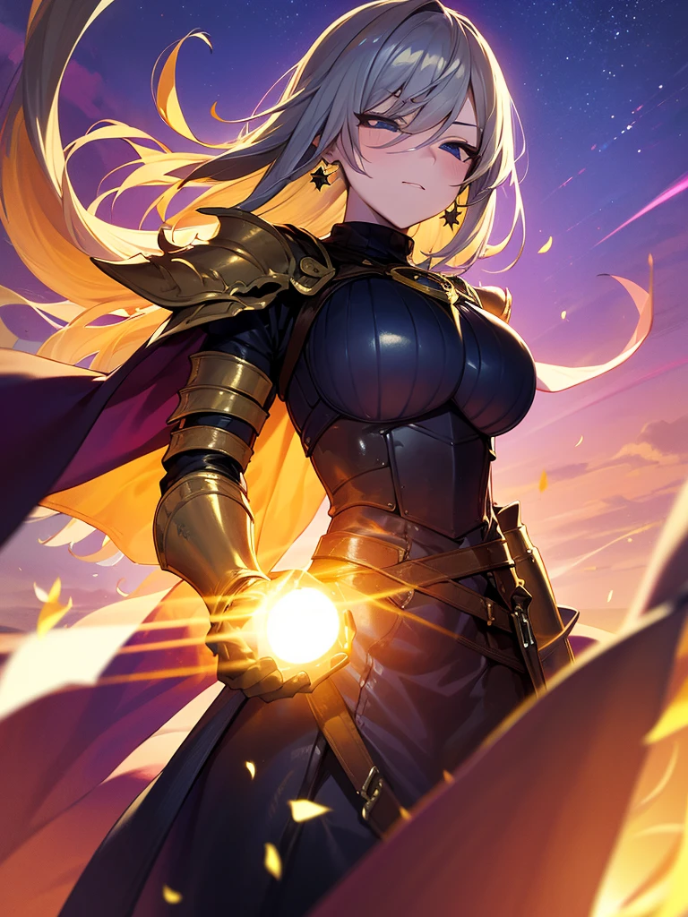 1girl, solo, armor, earrings, jewelry, shoulder armor, sky, looking at viewer, gloves, black gloves, fire, star (sky), bangs, starry sky, closed mouth, short hair, yellow eyes, breastplate, pauldrons, outdoors, faulds, hand up, grey hair, magic, blush, standing, gauntlets, slit pupils, vambraces, long sleeves, dress, white hair, turtleneck, armored dress, cloud, breasts, cowboy shot, night sky, medium hair, night, white dress, puffy sleeves, from below, sweater, long hair, orange eyes, black sweater, expressionless, swept bangs, shirt, medium breasts, white background, black shirt, fantasy, dutch angle, arm at side, sidelocks, knight, glowing, cloudy sky, blue sky, skirt, gradient sky, simple background, looking down, weapon, long dress, black dress, upper body, black hair, turtleneck sweater, blonde hair, brown eyes, ribbed sweater, long skirt, juliet sleeves, shiny, large breasts, smile, hair between eyes, sunset, 1boy, tabard, shiny hair, flame, gem, energy ball, plate armor, stud earrings, floating, single earring, bracer, blue eyes, clenched hand, galaxy, star (symbol), sun, light particles, brown hair, white skirt, very long hair, black armor, cross, closed eyes, waist cape, parted lips, cross earrings, backlighting, floating hair, dangle earrings, blurry, white shirt, signature, milky way, sword, hair ornament, male focus, space, energy, holding, pyrokinesis, purple sky, frown, twilight