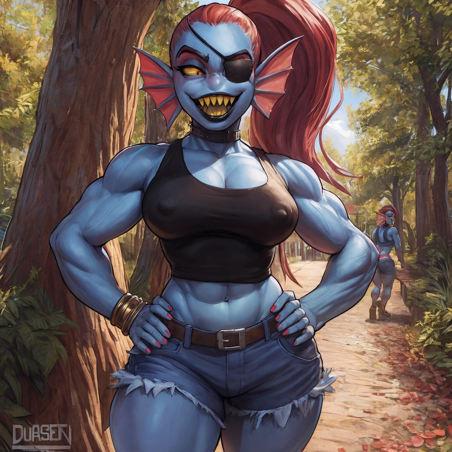 by darkgem, by duase, by bng, solo, 1girl, undyne, blue skin, huge teeth, yellow teeth, laughing, black eye patch, female, smooth body, nipple outline, highly detailed eye, black tank top, (bare midriff:1.3), cleavage, denim cutoffs, visible thong straps, Masterpiece, best quality, absurd res, highly detailed, cleanly drawn eyes, park environment, standing upright, big bottom lip, black lipstick, casual posture, hands on hips,