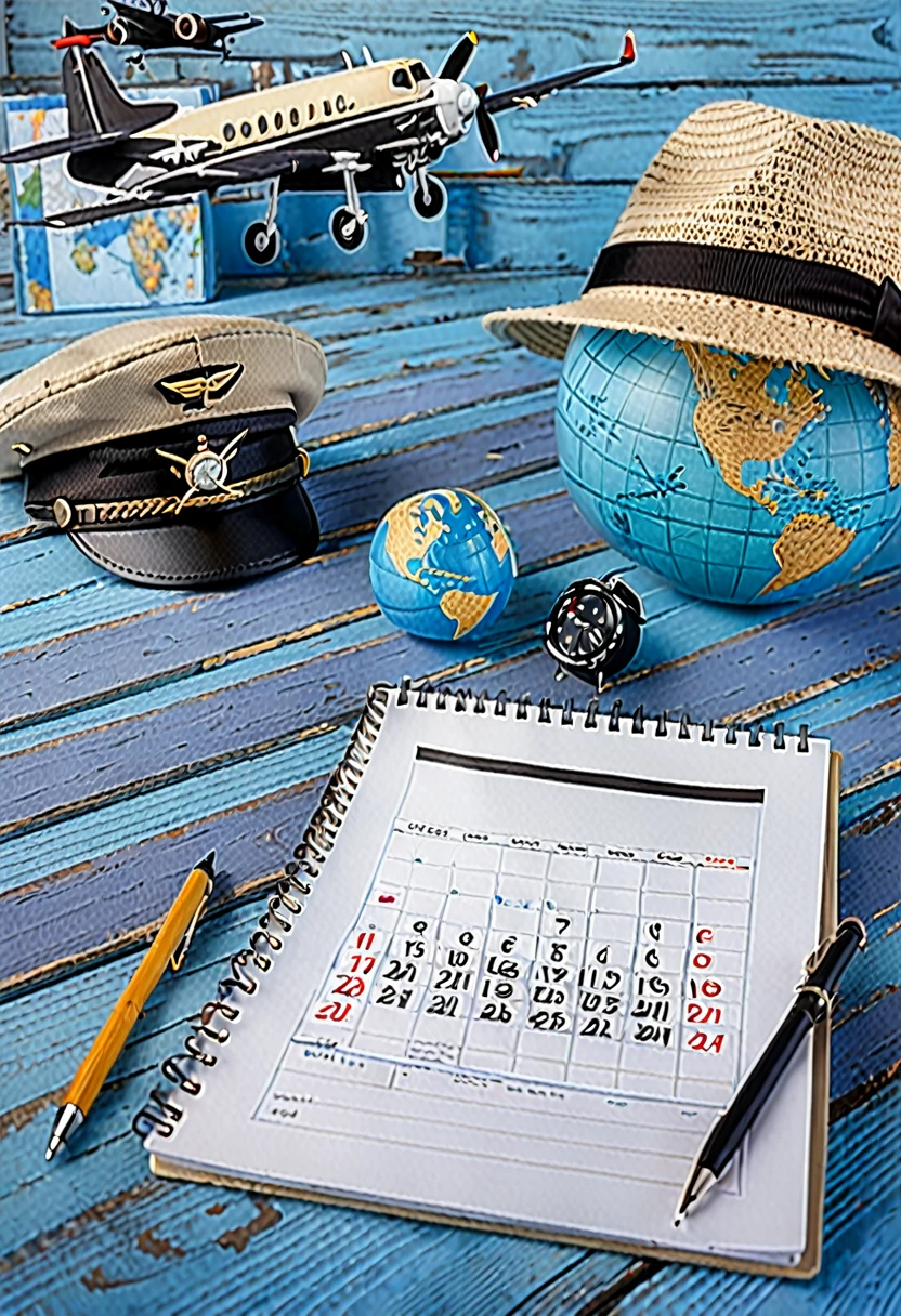 Banner: the left side of the table is empty right side on a blue wooden table are beige hat with a black ribbon, a small white airplane, a globe, sunglasses, a small calendar with a notebook and pen, a camera,