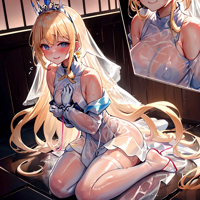 Hands on knees,Jacket with puffy shoulders,closed dmouth,Pearl blonde hyper long hair,Smile,Full body depiction on screen, The body is constricted by very small and tight clothes,super small and tight clothes,Full body depiction on screen,Very detailed embroidery sewn into the chest area,Shoulder pads bulge, Translucent costume Tiara in bangs Wet lips A lot of saliva overflows from the lips Sweating profusely adult Reality Mucus is stringy Wet hair Sweaty Canopy Bed Background Blush cheeks with embarrassment Spots々A dirty dress Wet and transparent white long gloves Wet and transparent white long skirt She is wearing a wet, see-through white high-necked wedding dress. Wearing pantyhose See-through See-through Wet Drooling profusely My whole body is wet from the rain 全てWet とても大きな胸部 Very distended chest Very large chest swelling Two very large bulges on his chest The whole body fits on the screen Blushed cheeks Small Mouth Sweaty skin Rain-soaked skin Clothes stick tightly to the skin Clothes that are wet and transparent from the rain 衣服が汗で濡れてSee-through Glossy skin Clothing has a rubbery sheen Smile Embarrassed expression A very dark room in the middle of the night clear Can憐 beautiful girl sitting on hot pink rubber bed A lot of ribbons are sewn into the clothes 濡れて透けたラバーショッキングピンクSee-throughハイネックロングお姫様ドレス Can Wet and transparent rubber pearl white full bodysuit