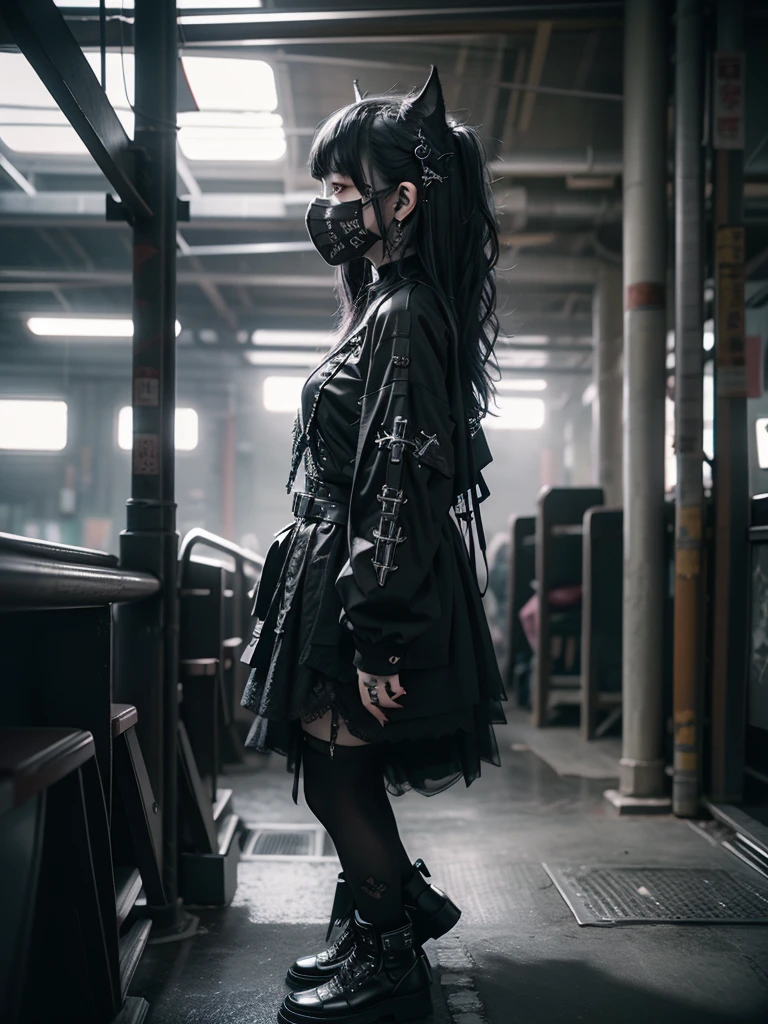 Highest quality、8K、masterpiece:1.3、Gothic Punk、The inside color is red、Black-haired、hair ornaments、Beautiful girl、creative、Dark Fantasy Style、Neogoth、Goth Fashion:1.2、High resolution、masterpiece、Highest quality、頭w:1.3、((Hasselblad Photos))、Fine skin、Sharp focus、(Cinematic lighting)、Realistic textured hair、((Black Mask)),Esbian all over、((View from below))