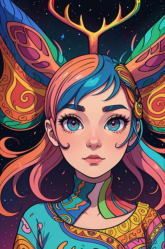 Psychedelic illustration style，(Psychedelic paintings，A deer standing in front of a colorful swirl), ((Multiple antlers, stag, Big Head)), Vibrant colors, Thick Line, wave, Multi-layer, prospect, view, Fractal Thunder by Dan Mumford , Dan Mumford and Alex Gray style, Psychedelic surrealist art, Surreal psychedelic design, dream art style, illusion Psychedelic Art, infinite psychedelic wave, Inspired by Cyril Rolando Rolando), Realistic corrugated structure, Psychedelic Art style, Psychedelic Art, Psychedelic illustration--V6