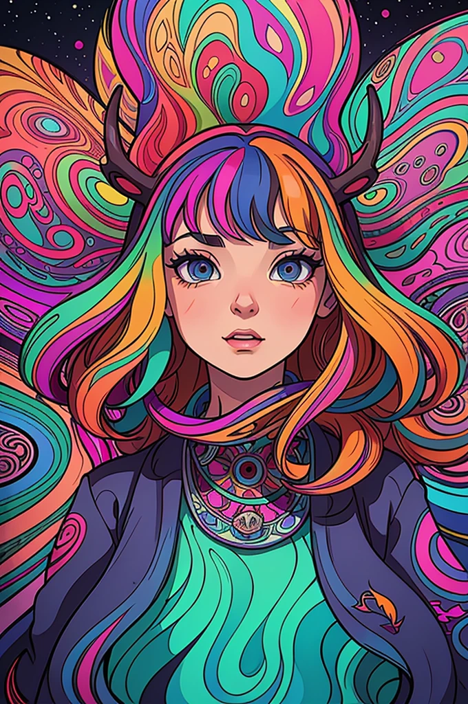 Psychedelic illustration style，(Psychedelic paintings，A deer standing in front of a colorful swirl), ((Multiple antlers, stag, Big Head)), Vibrant colors, Thick Line, wave, Multi-layer, prospect, view, Fractal Thunder by Dan Mumford , Dan Mumford and Alex Gray style, Psychedelic surrealist art, Surreal psychedelic design, dream art style, illusion Psychedelic Art, infinite psychedelic wave, Inspired by Cyril Rolando Rolando), Realistic corrugated structure, Psychedelic Art style, Psychedelic Art, Psychedelic illustration--V6