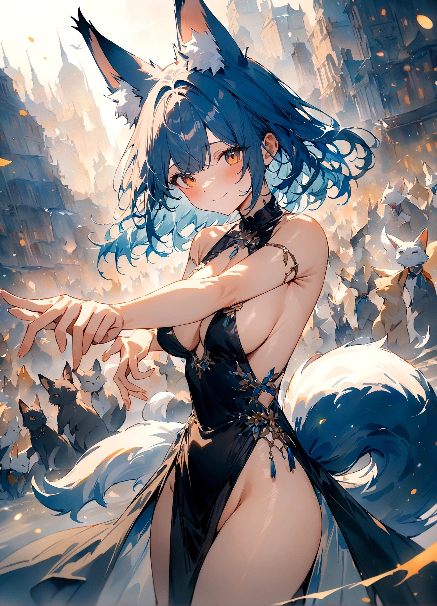 nsfw, (Muted Tone), Delicate, Detail, Masterpiece,(colorful) illustration,(colorful) light particles, lens flare, women with fox-ears and fox-tail,smile, a battle for space and existence, battle,city,wood,rabbit, sideboob,shoulders,cleavage,sideless,thighs, Cowboy shot, close-up,from above, dynamic angle, dynamic pose, Artistic, memorable masterpieces, moments in history,(fantastical and mesmerizing scenery) Watercolor:1.6 , Delicate, Detail,warm-cats, (masterpiece:1.2),(best quality:1.2),newest,intricate details, fox ears, ear hair