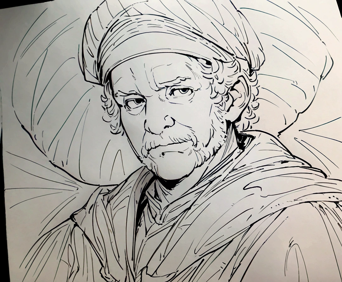 rhino，Black and white line drawing，Line Art，Artist Rembrandt
