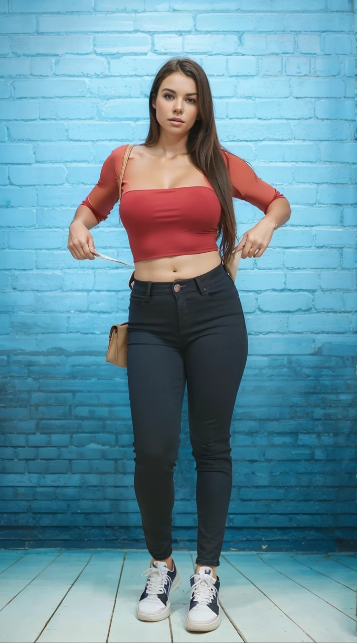a beautiful woman, extremely lifelike, wearing red blouse, black jeans pants, leaning against a blue wall, big-ass, legs thick, Fitness, all star tennis