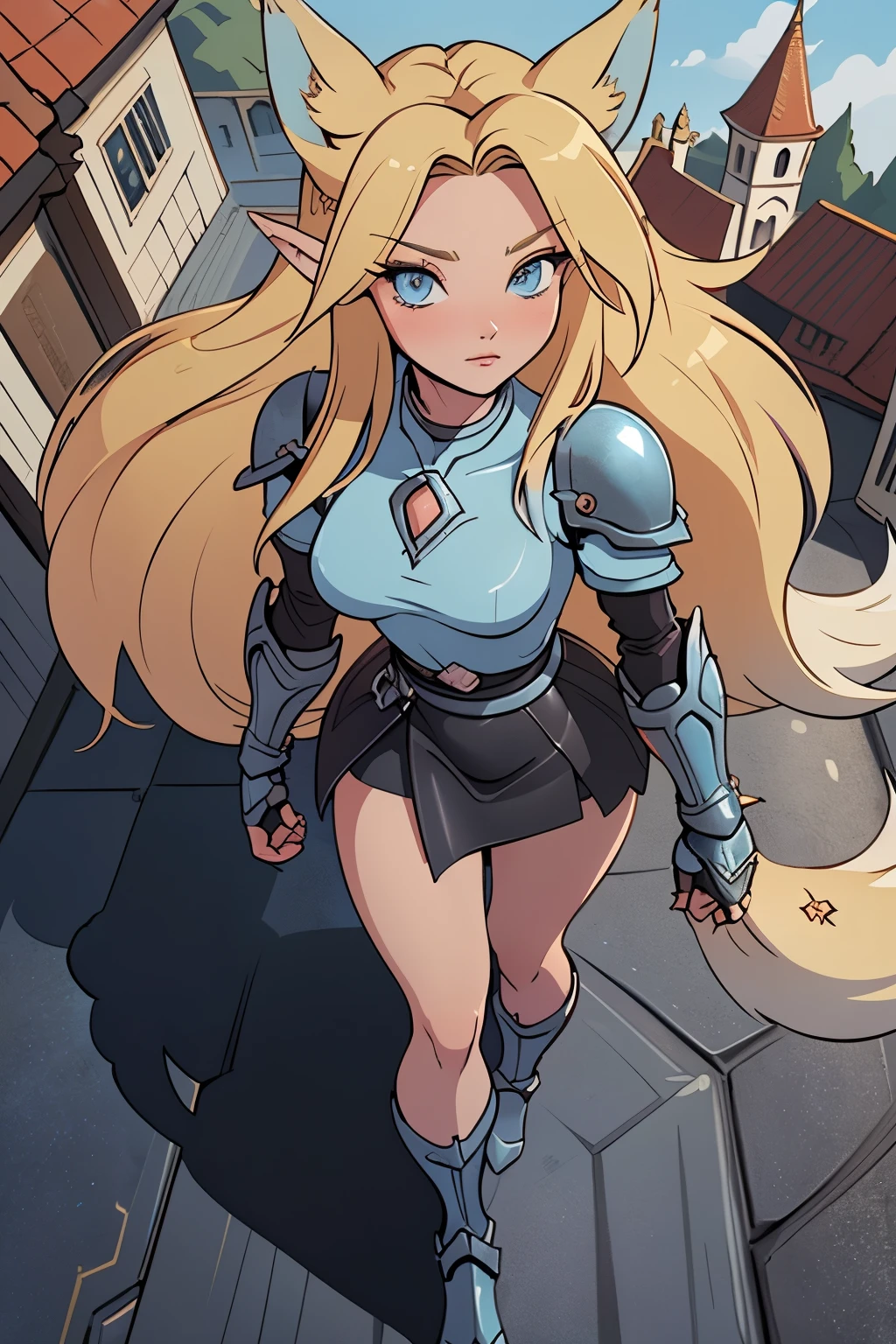 Beautiful 1girl, full body, ager, solo, (very long waist length blonde hair, straight blonde hair: 1.28), ((light blue eyes)), clear skin, (large darker fox ears: 1.35), pale skin, medium breasts, cleavage, (thin hips, thin waist , athletic body: 1.25), background, looking away, ((wearing leather Warcraft leather armor, leather warrior skirt, sky blue leather: 1.1), looking at viewer, her back to us, backview, Turn Back, Back shot, (walking, looking up at viewer: 1.22),), on castle rooftop, masterpiece, best quality,3d rending work ,3DMM style, close-up, portrait, 3D,