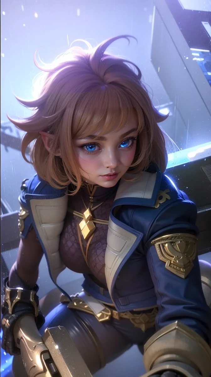 (female:1.2), 8k, ultra hd, ultra detailed texture, hyper realistic, masterpiece, detailed texture, detailed face, detailed skin, detailed lighting, (photorealistic:1.5), best quality, beautiful lighting, cinematic lighting, professional lighting, ultra highres, realistic, detailed hair, real hair, high quality, (realskin:1.5), extremely detailed, finely detail, ultra-detailed, 1girl, solo, elf, pointy ears, standing, demon horns, forehead protector, (blue eyes:1.5), v-shapped eyebrow, lips, red lips, evil smile, nose, make up, pretty, beautiful, cute face, long hair, blue hair, high ponytail, large breasts, cleavage, armpit, navel, stomach, black armor, pauldrons, bare shoulders, shoulder armor, thigh high, sleevless, detached sleeves, breastplate, gauntlets, karina \(mobile legends\), depth of field, looking aways, white skin, skin tight, amazing pose, outdoors, glowing, dark view.