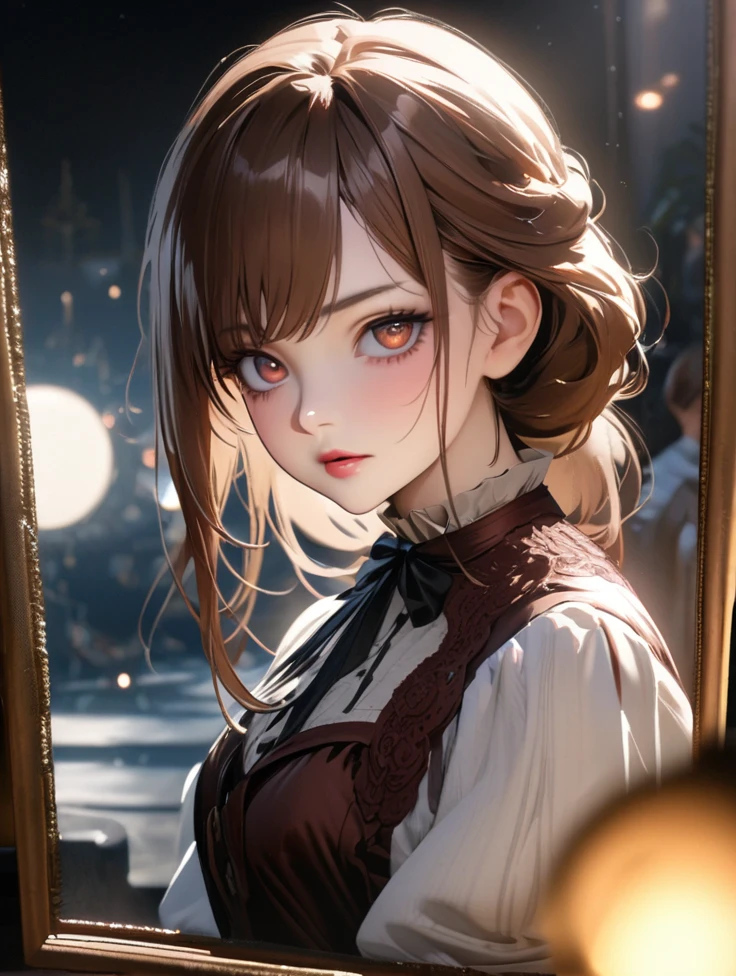 Uma garota de アニメ detalhada e de alta qualidade, with long, loose reddish-brown hair, with white tips and side bangs, reddish brown eyes e white right eye, cold stare e oblíquo, elegant clothes in the style of the Victorian era according to the photo, skin clear as the moon, 1girl,アニメ , face detailed, beautiful detailed eyes, beautiful detailed lips, extremely detailed eye and face, long eyelashes, Reddish brown hair, white hair ends, reddish brown eyes, white right eye, slanted eyes, cold stare, victorian era dress, Porcelain Skin, Kuroshitsuji Estilo, best qualityer, 4K, 8K, high resolution, Masterpiece artwork: 1.2, ultradetailed, realisitic, fotorrealisitic, fotorrealisitic: 1.37, HDR, uhd, studio lighting, ultra-fine painting, sharp focus, Physically based rendering, extreme detailed description, proffesional, bright coloured, bokeh