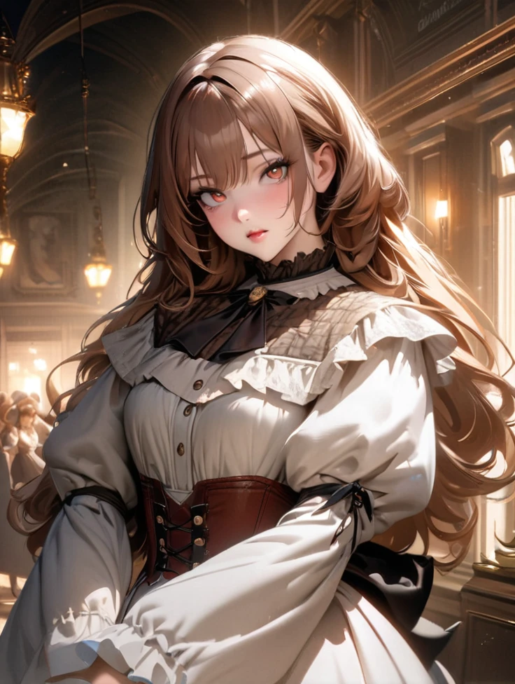 Uma garota de アニメ detalhada e de alta qualidade, with long, loose reddish-brown hair, with white tips and side bangs, reddish brown eyes e white right eye, cold stare e oblíquo, elegant clothes in the style of the Victorian era according to the photo, skin clear as the moon, 1girl,アニメ , face detailed, beautiful detailed eyes, beautiful detailed lips, extremely detailed eye and face, long eyelashes, Reddish brown hair, white hair ends, reddish brown eyes, white right eye, slanted eyes, cold stare, victorian era dress, Porcelain Skin, Kuroshitsuji Estilo, best qualityer, 4K, 8K, high resolution, Masterpiece artwork: 1.2, ultradetailed, realisitic, fotorrealisitic, fotorrealisitic: 1.37, HDR, uhd, studio lighting, ultra-fine painting, sharp focus, Physically based rendering, extreme detailed description, proffesional, bright coloured, bokeh
