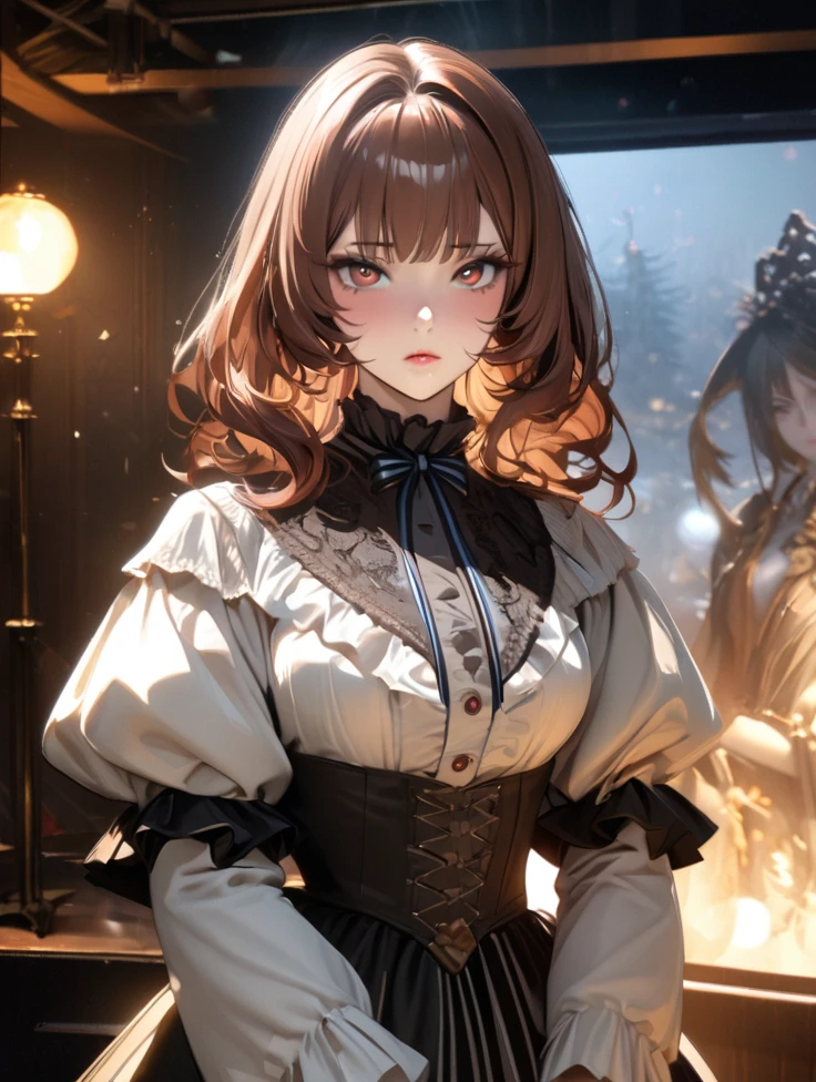 Uma garota de アニメ detalhada e de alta qualidade, with long, loose reddish-brown hair, with white tips and side bangs, reddish brown eyes e white right eye, cold stare e oblíquo, elegant clothes in the style of the Victorian era according to the photo, skin clear as the moon, 1girl,アニメ , face detailed, beautiful detailed eyes, beautiful detailed lips, extremely detailed eye and face, long eyelashes, Reddish brown hair, white hair ends, reddish brown eyes, white right eye, slanted eyes, cold stare, victorian era dress, Porcelain Skin, Kuroshitsuji Estilo, best qualityer, 4K, 8K, high resolution, Masterpiece artwork: 1.2, ultradetailed, realisitic, fotorrealisitic, fotorrealisitic: 1.37, HDR, uhd, studio lighting, ultra-fine painting, sharp focus, Physically based rendering, extreme detailed description, proffesional, bright coloured, bokeh