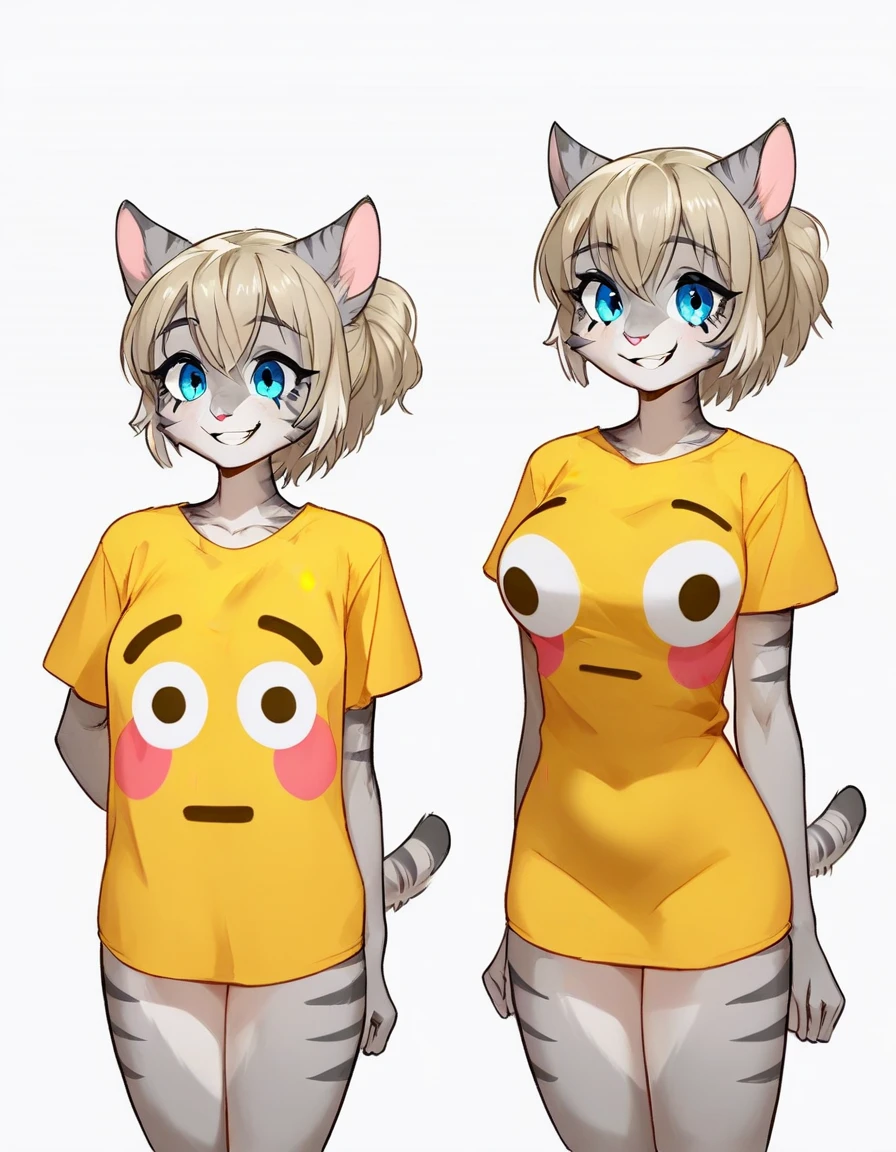 Solo, score_9,score_8_up,score_7_up, source_furry, (Kat, Anthro furry feline girl, adult female, blue eyes, blonde hair, (hair in a pony tail), silver fur, grey stripes, tail), BREAK, flushed_emoji_shirt, 1girl, multiple views, thighs, t-shirt, ((medium breasts)), simple background, grin,