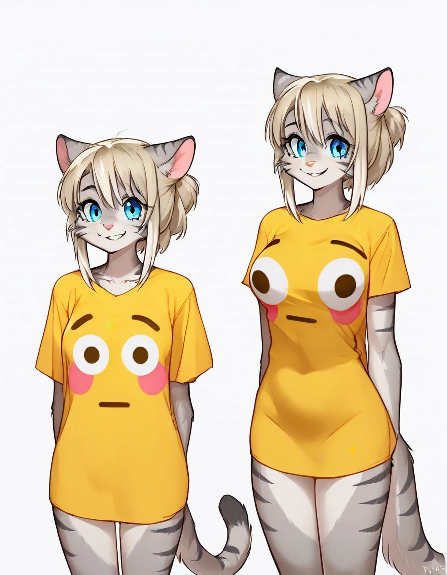 Solo, score_9,score_8_up,score_7_up, source_furry, (Kat, Anthro furry feline girl, adult female, blue eyes, blonde hair, (hair in a pony tail), silver fur, grey stripes, tail), BREAK, flushed_emoji_shirt, 1girl, multiple views, thighs, t-shirt, ((medium breasts)), simple background, grin,