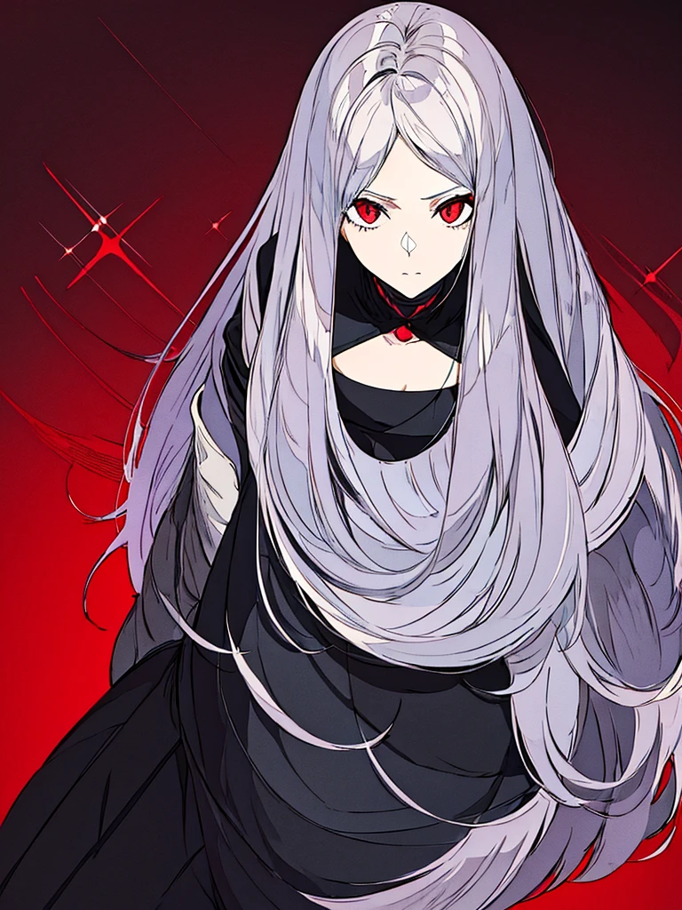 （high quality），（masterpiece），Gray Hair，Girl，Poker face，flat chest,(Black clothes)，solo，coat,red eyes，dark_persona