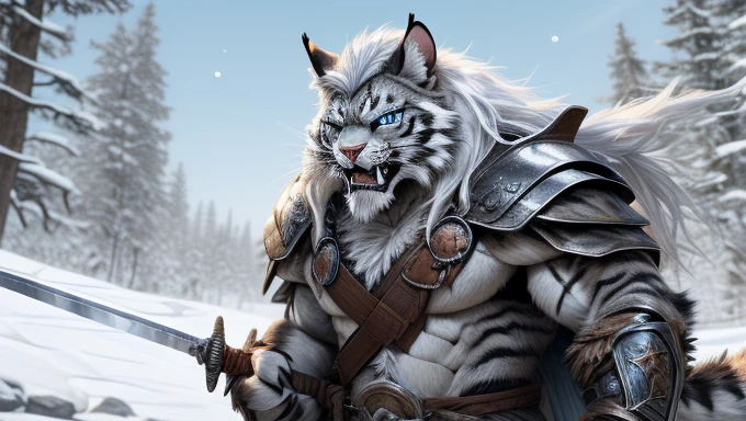 head、Animal cat face、A pair of dragon horns,Full body of fluffy white hair、Heavy breathing、Gnashing of teeth,Serious expression,Fluffy belly、Leather Armor,Viking style,wildcat、blue eyes,(contour)Full body covered with long white hair、Hairy body、Long and thick armpit hair、Fangs、4K,Black and white photo tree background,Snow Scene,Sharp claws、Capture the composition of the whole body、A sword, Hand holding a sword,Fighting stance holding weapon/bow/sword/dagger/katana/spear...