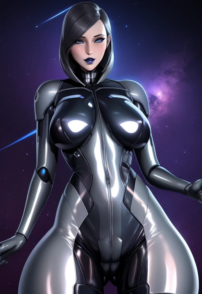 EDI Mass Effect in a tight latex bodysuit, visible cameltoe (incredibly detailed, beautiful metallic dark grey face, dark lips, piece of art) with a sci-fi tech background