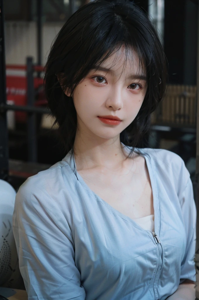 (Skin details:1.4), (smooth skin textures:1.3), Lipstick, background, Direct vision, earrings, serene, calm, (Realistic and detailed eyes：1.2）, (Large Breasts:1.0),Natural skin texture, Realistic facial details, Soft dramatic lighting, Vivid details, 35 mm film, outdoor, (Photo Practical:1.4), (hyper Practical:1.4), (Practical:1.3), (Smoother lighting:1.05), (Improve lighting quality:0.9), (Highest quality real skin textures:1.4), Exquisite eyes, Delicate face, Close-up of face, (Enhance the beauty of skin texture:1.1), Hair details, Sportswear，normal body ratio, short hair, Moles under the eyes, thinking, A faint smile,公园background，Portrait Photography, Depth of Field, Bokeh, Surrealism, Ray Tracing, (Portrait Photography:1.1), Surrealism, High Detail, Chiaroscuro, Ray Tracing, reflected light, Ultra HD, Ultra HD, masterpiece, Textured Skin, Super Detail, High Detail, high quality, best quality