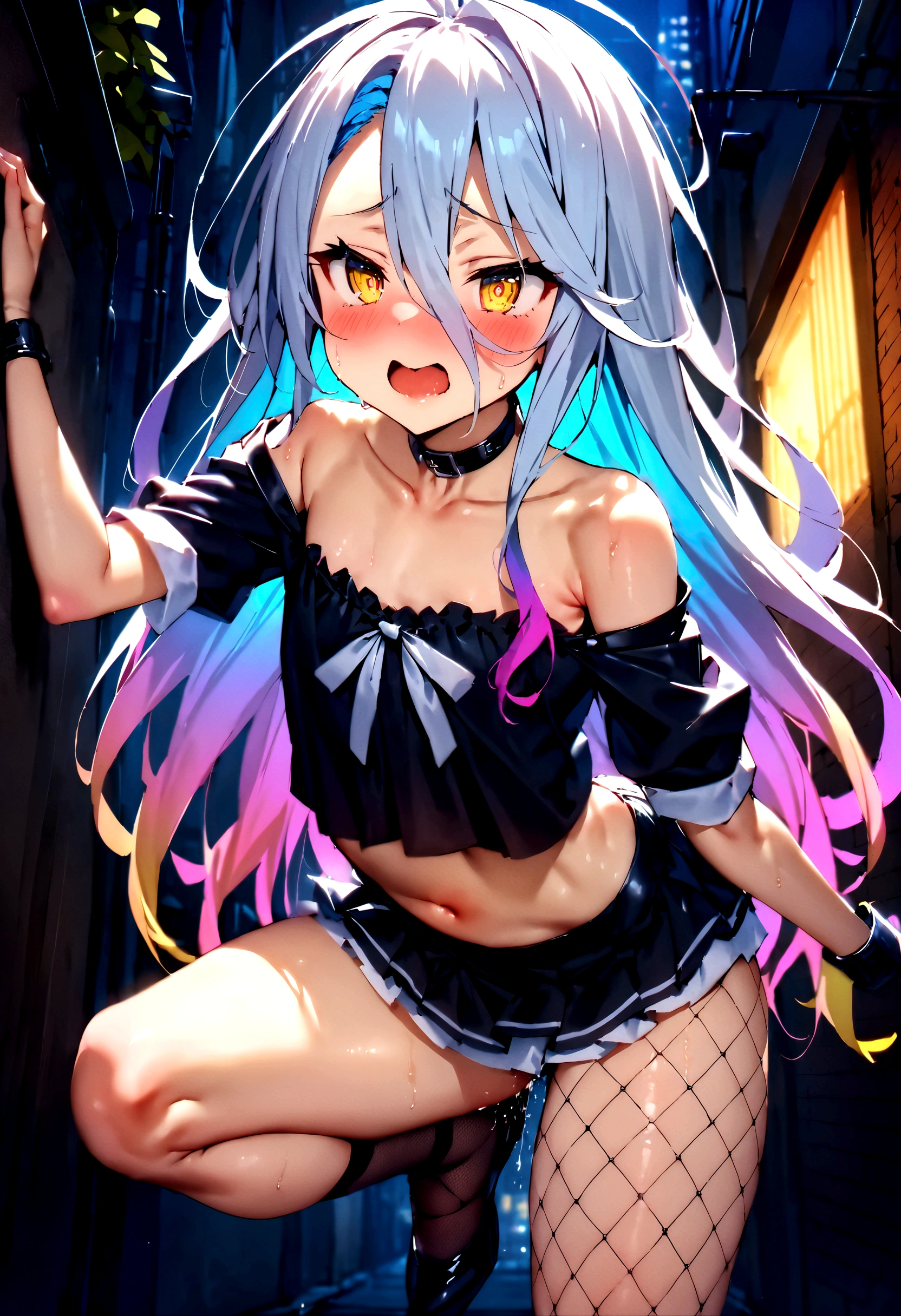 NSFW,masterpiece,Highest quality,High resolution,Super detailed,Shiro \(no game No life\),Long Hair,Multicolored Hair,Hair between the eyes,Gradient Hair,Yellow Eyes,Flat Chest,Slave,Off the shoulder,cropped,Micro Mini Skirt,Fishnet tights,Downtown at night,alley,Ecstasy face,Embarrassed,blush,Leg spread,orgasm,Climax,Squirting,Roll your eyes、squint,Are standing,prostitution,One man,Having sex