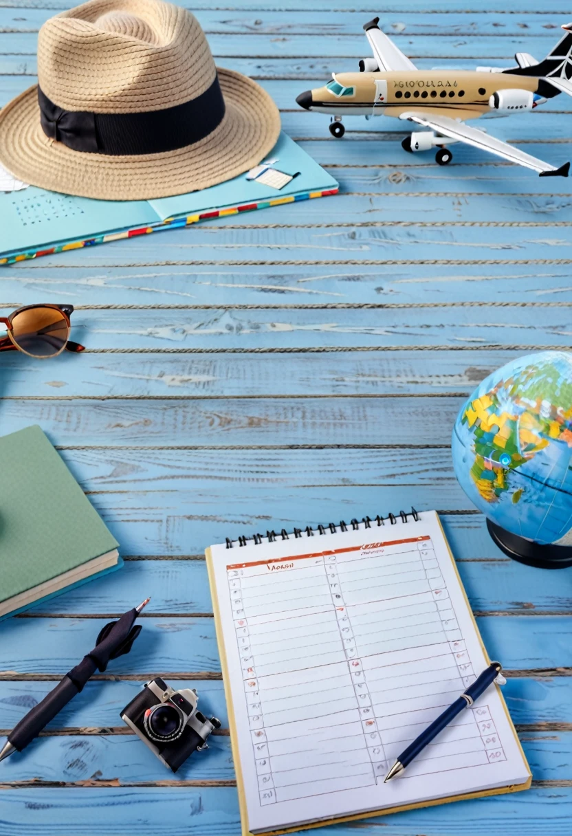 Minimalism.Banner: the left side of the table is empty and on the right side on a blue wooden table are a beige hat with a black ribbon, a small white airplane, a globe, sunglasses, a small calendar with a notebook and a pen, a camera,