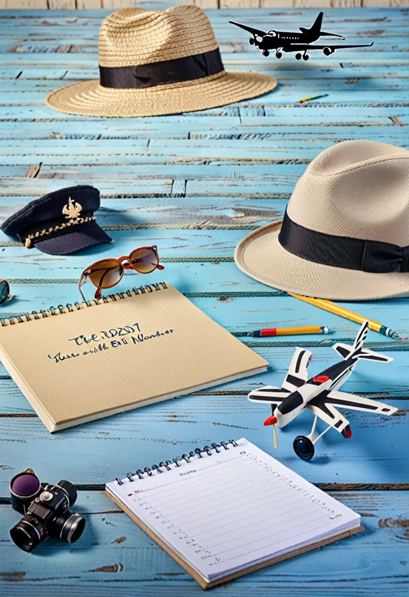 Minimalism.Banner: the left side of the table is empty and on the right side on a blue wooden table are a beige hat with a black ribbon, a small white airplane, a globe, sunglasses, a small calendar with a notebook and a pen, a camera,