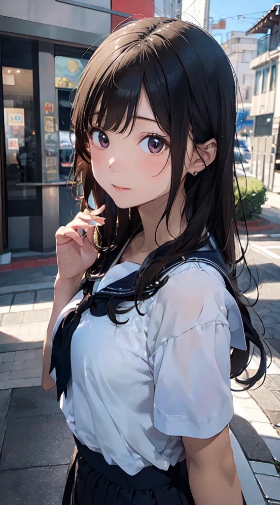 Portrait of a beautiful girl、delicate、detailed、masterpiece、Real Stick、3D Background、A deep background、Realistically exaggerating changes in material texture、Exaggerated gloss、Transcendental technique at its finest、16 years old、、Sailor suit、Short sleeve、Pleated skirt、mini skirt、
