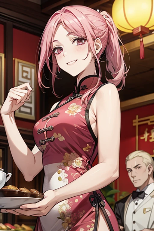 Highest quality,Masterpiece,8K,China dress,Big Breasts,Best Style,Droopy eyes,smile,Pink Hair,Chinese restaurant,waiter