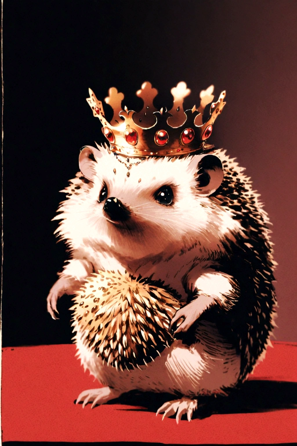 hedge with a crown on its head sitting on a red surface, anthropomorphic hedgehog, hedgehog magus, beautiful animal pearl queen, mouse with crown, dressed like a queen, intellectual hedgehog, wearing a crown and suit, hedgehog, an anthropomorphic blue hedgehog, wearing a crown, hedgehog wearing a top hat, smart hedgehog, in a crown
