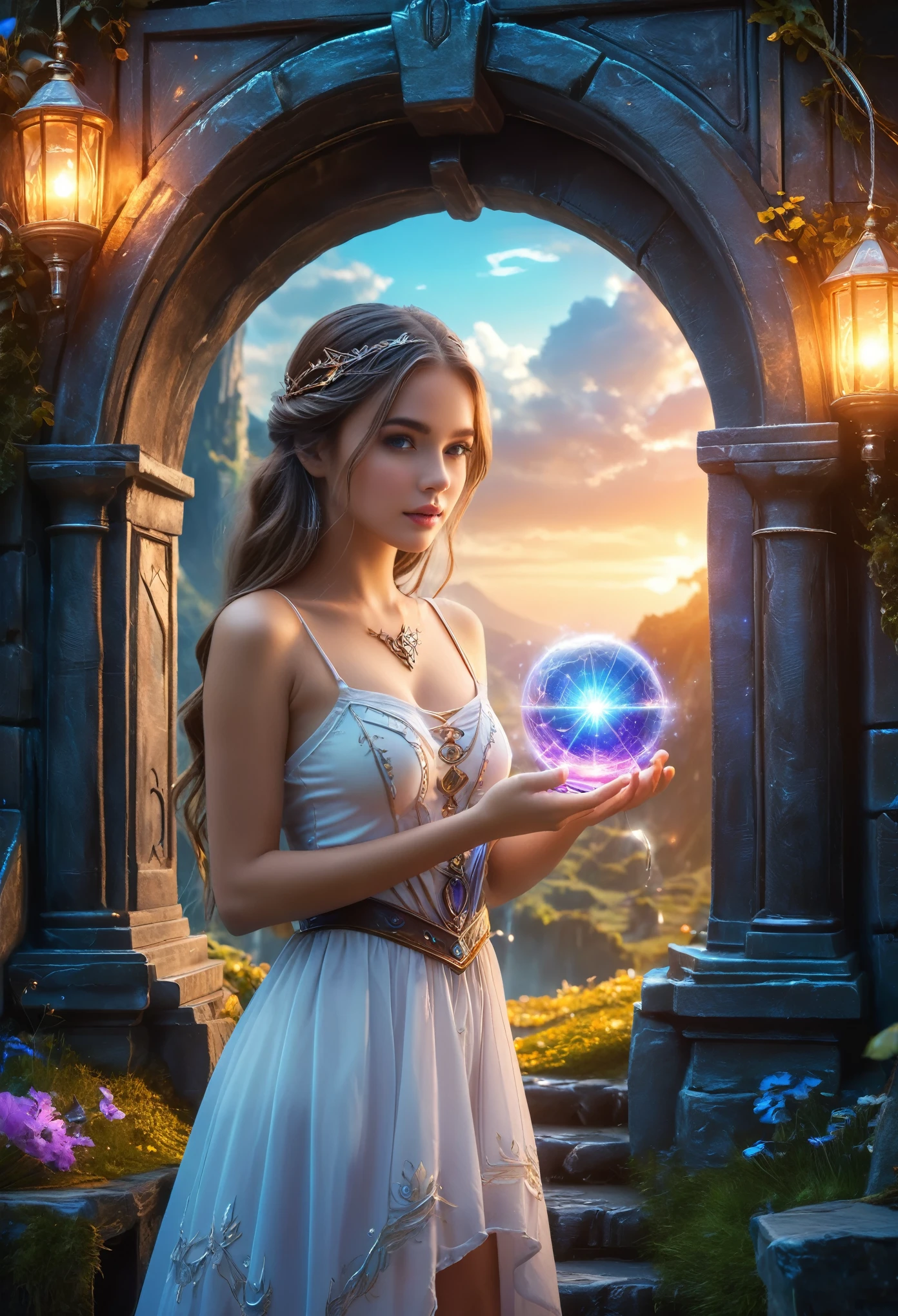 ,Beautiful girl, Fantasy world with magic portal, Everything is magical, The atmosphere is magical, Photo Real, Attention to detail, Highest quality, 4K