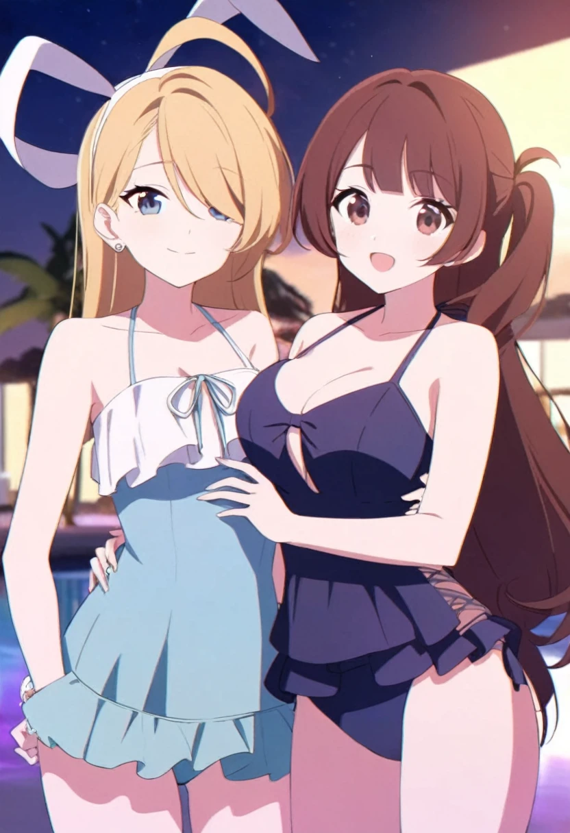 2 girl, swimsuits,cute posing,glamorous