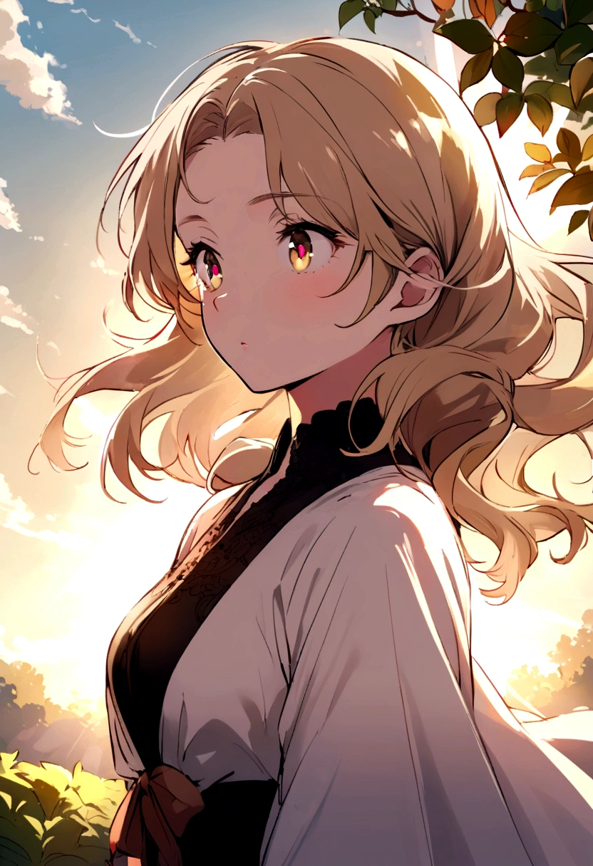Bright eyed woman , writer of romantic poems , light brown hair , scolding but kind hearted , sun rays background nature 