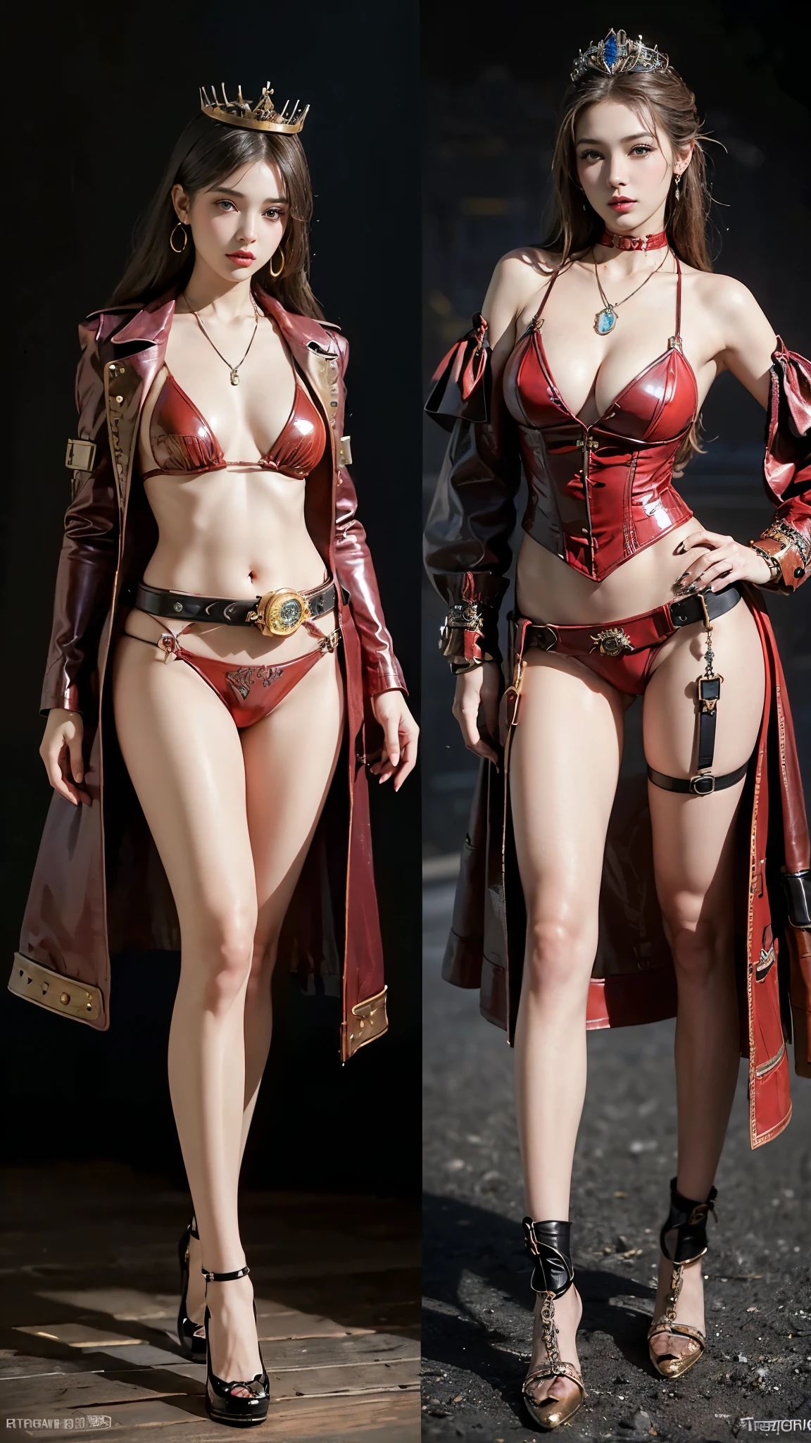 ((masterpiece:1.4)、(Highest quality:1.4)、(Realistic:1.7))、Masterpiece:1.4、(Top-notch rendering:1.4)、(Steampunk 2:1.4)、Hyper-realistic portrait of Queen Quito、The beautiful queen of the galactic frontier planet Kaval、Super beautiful girl queen、((1 Girl:1.4))、Shiny natural skin texture、(Shiny, high-quality leather:1.4)、(Steampunk queen in red leather outfit:1.4)、Steampunk Pin-up Girl:1.4、Steampunk beautiful girl、Cute girl in steampunk bikini、garter belt、(Please wear a harness that fits snugly:1.4)、(Red leather high grade latex bikini:1.4)、Steampunk Room、Steampunk Cyberpunk、Detailed Steampunk High Grade Red Latex Bikini:1.4、(An outfit that emphasizes beautiful breasts:1.4)、19 years old、(Cute Tattoos:1.4)、(Perfect female body:1.4)、Perfect proportions:1.4、Girl portrait photography:1.4、8K、Photorealistic images:1.4、(Standing:1.4)、(Full Body Photo:1.4)、Fantasy art、Soft front light、Beautiful Face、Beautiful breasts、Large Breasts:1.2、sexy ass、Detailed eyes、Beautiful and attractive eyes、Beautiful Eyes、Narrow waist:1.4、(9-body proportions beautiful girl:1.4)、(A beautiful girl with long legs and a good figure:1.4)、Beautiful feet、Raw photo、Red lips、Red high heels、(tiara:1.4、choker:1.4、necklace:1.4、Earrings:1.4)、1 Screen Display:1.4、A super-beautiful queen standing in a steampunk palace