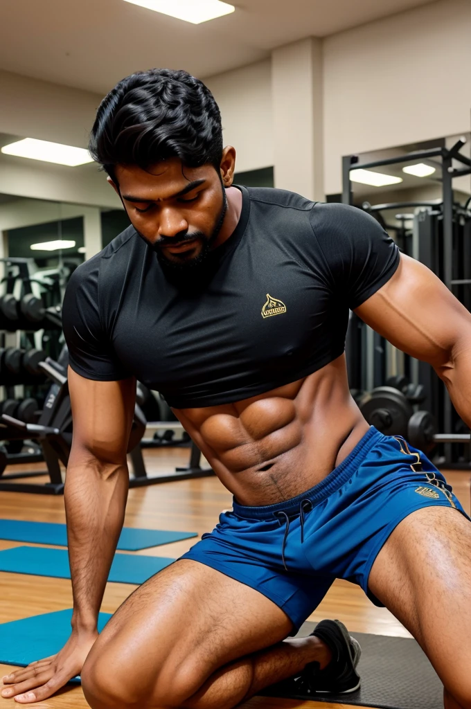 Realistic fit tamil men in gym kneel down sweating and wearing shorts