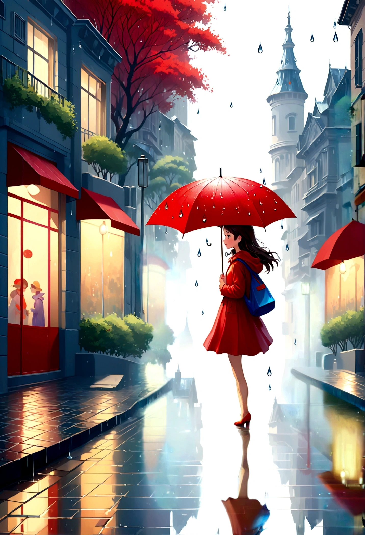 Fixes,,Cute illustration: Landscape,Street corner on a rainy day,A landscape that looks like an illustration from a picture book,rich in emotion,Cute girl with a red umbrella,create an artistic background,Add a drop pattern to the background,The streets are fancy, like a fairy tale,This is a cute illustration like a dream.,Please blur the lines of the droplet pattern to create an artistic expression.,Intricate details,Wide range of colors,artwork,rendering,(masterpiece:1.3),(highest quality:1.4),(Super detailed:1.5),High resolution,Very detailed,unity 8k wallpaper