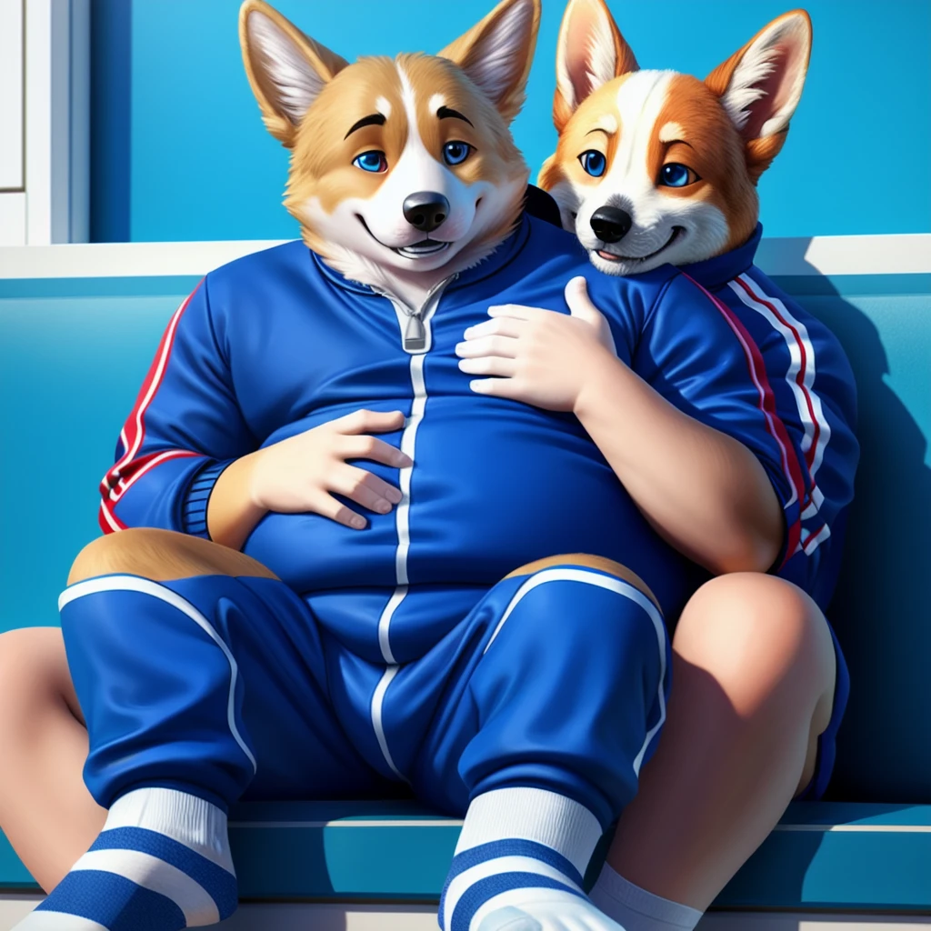 a slightly chubby dad young male corgi with small human blue eyes, no eyebrows, wearing a dark blue Adidas tracksuit, no pants white briefs, white socks , sit , highly detailed, realistic, 4k, best quality, masterpiece, vivid colors, physically-based rendering, white hands five finger, grin hug