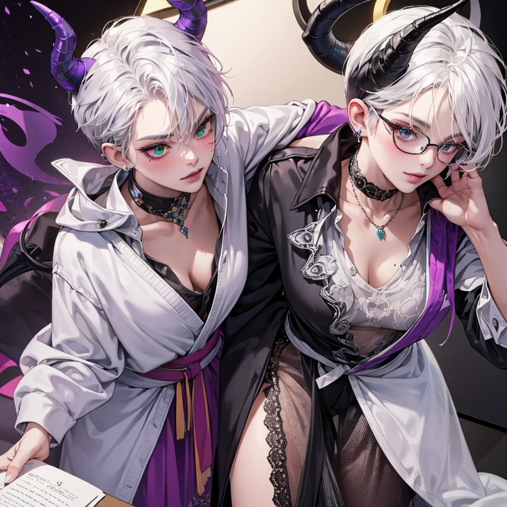 8k, masterpiece, best quality, highly detailed, 1 girl, tiefling, warlock, multicolored hair, very short straight hair green highlight hair on white hair, strippled hair, wearing glasses, round glasses, earrings, long dress with side cut, lace dress, red eyeshadow, long eyelashes,navel piercing, blushed cheek, necklace, collarbone, high heels, mole, glamorous, purple and teal clothing, villainy, smirk, seductive face, close up view, rings, looking at viewer, standing, demon horns, solo, hand touching cheek, school, black lace gloves, holding book, sensei, miniskirt.