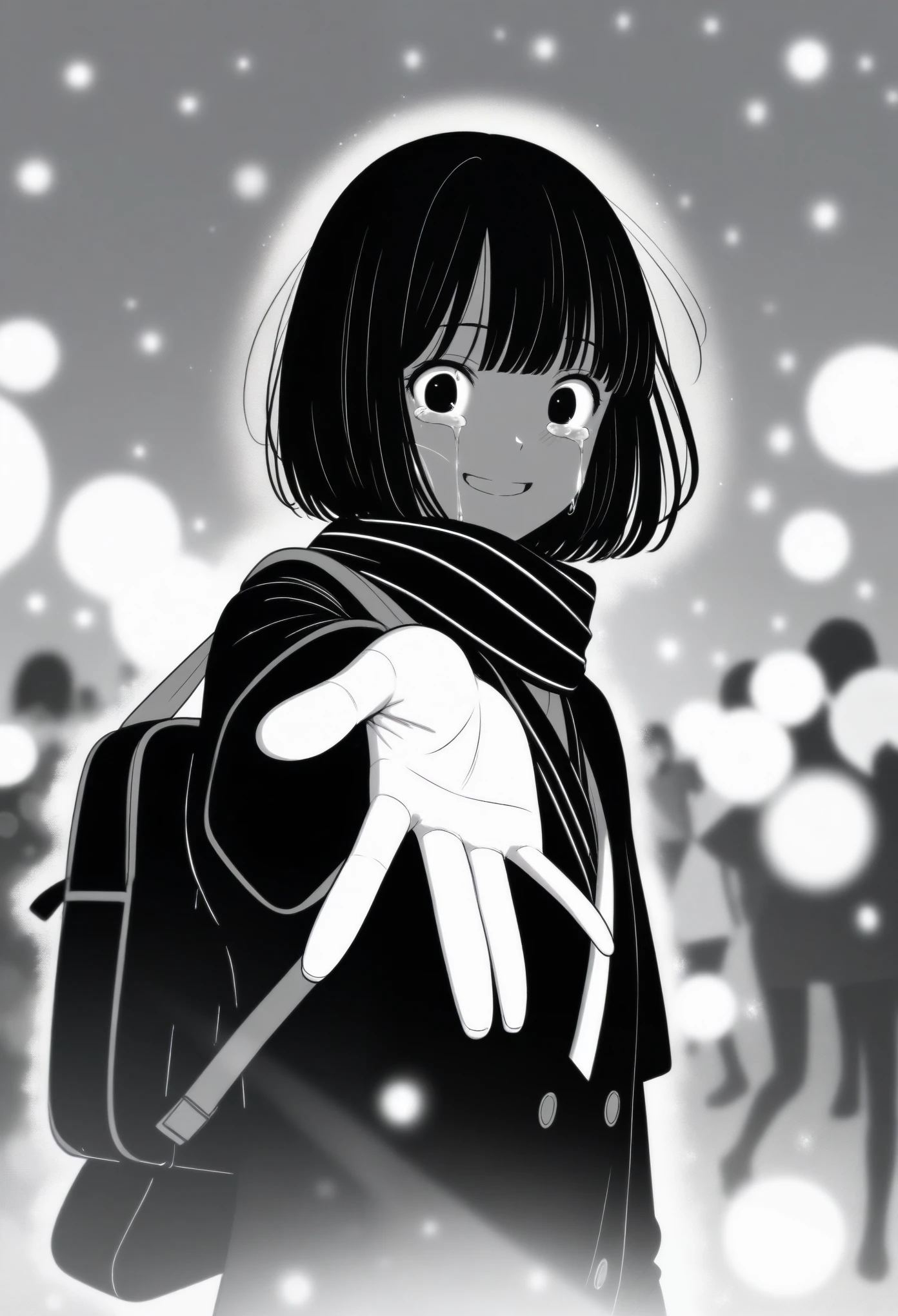 masterpiece, best quality, 1girl, mamerakkkkko, grayscale, manga style, japanese, chi no wadachi, black eyes, street, iced, black hair, schoolbag, smile, lineart, black coat, black scarf, black pleated skirt, leggins, centered, 18 years old, tall, fair skinned, bokeh background, crying, tears, tears streaming, bob cut, light particles, centered, snowing, (((reaching out left hand to viewer, perfect hand, detailed hand:1.1)), emotional anime scene
