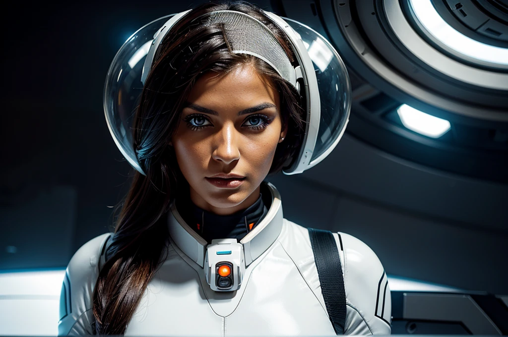 half body view of a beautiful german female with tanned face, dark hazelnut eyes, wearing a tight white space outfit with orange patterns, very detailed eyes, intense gaze, slim nose, very thin nose and nostrils, long face, long jaw, strict face expression, long black hair with highlights, long leather gloves, on a futuristic platform on a alien planet in the sunset hour close to a starship, soft light, wearing a futuristic astronaut helmet and visor covering her face
