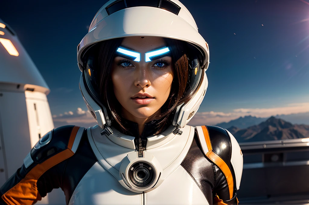 half body view of a beautiful german female with tanned face, dark hazelnut eyes, wearing a tight white space outfit with orange patterns, very detailed eyes, intense gaze, slim nose, very thin nose and nostrils, long face, long jaw, strict face expression, long black hair with highlights, long leather gloves, on a futuristic platform on a alien planet in the sunset hour close to a starship, soft light, wearing a futuristic astronaut helmet and visor covering her face